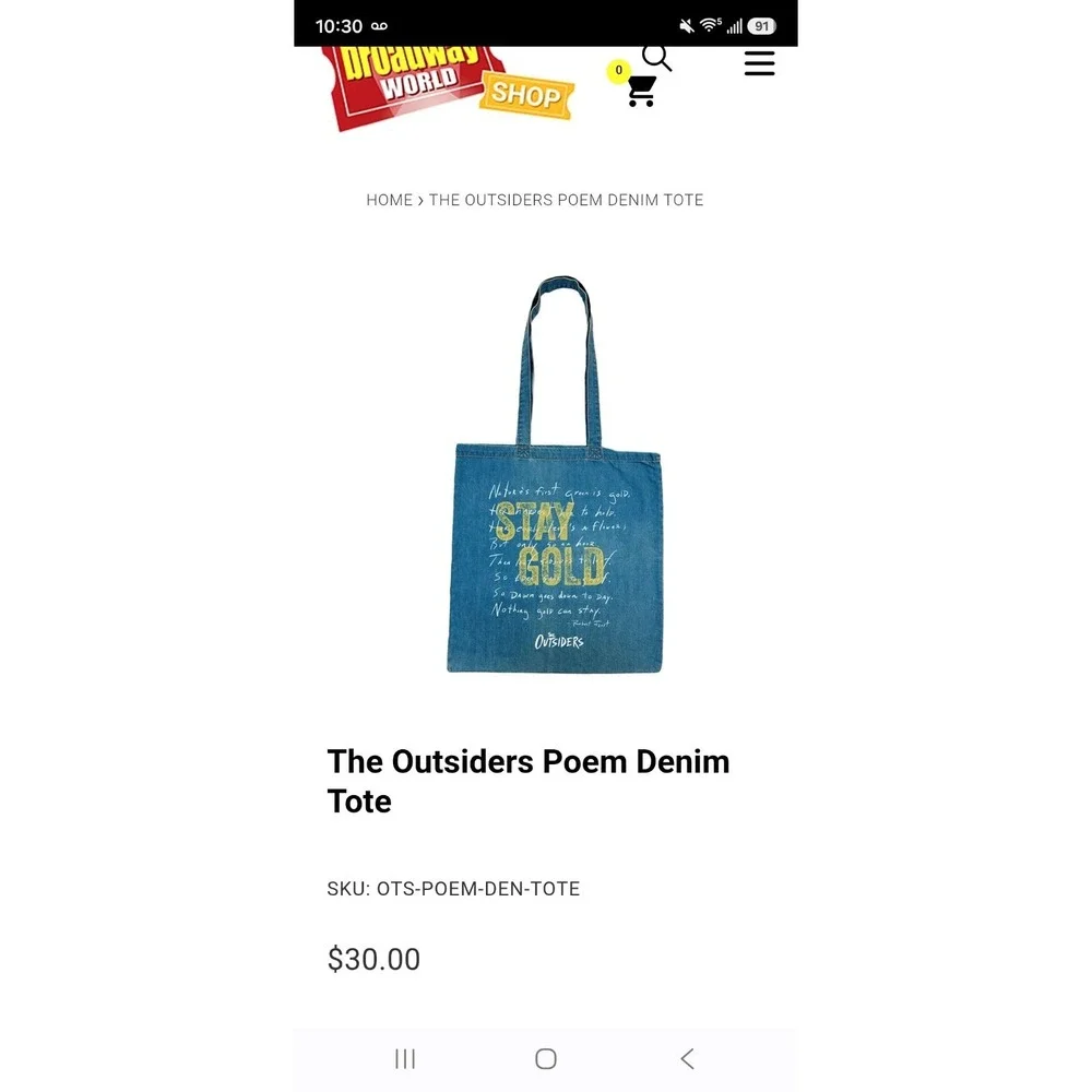 The Outsiders Poem Denim Tote Bag Stay Gold Ponyboy Robert Frost Lit Broadway